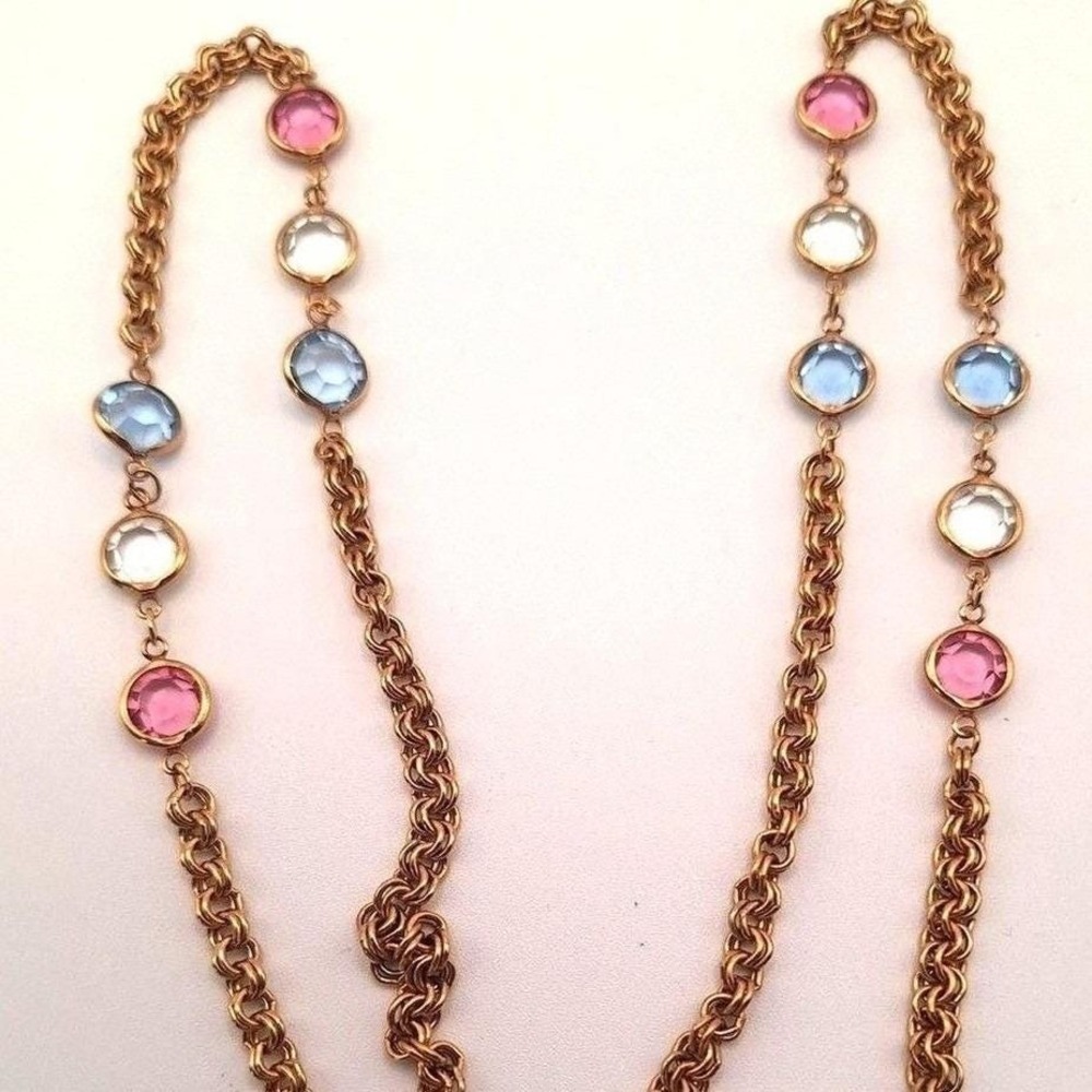 Vintage pastel crystal chain necklace blue pink clear double rolo gold tone